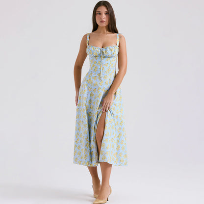Backless Floral Halter Midi Dress Shevorra