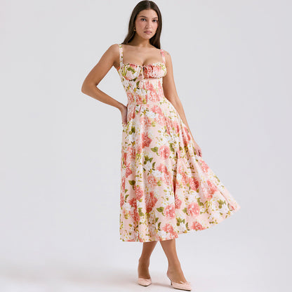 Backless Floral Halter Midi Dress Shevorra