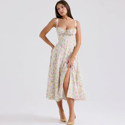 Backless Floral Halter Midi Dress Shevorra